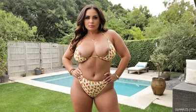 The 45 years old mature woman, brunette, long wave hair, glamour, huge hoop earrings, bracelet, necklace, make up, smoked eyes, confident presence. She is standing upright with her hands resting on her hips, accentuating her posture. Her body is curvy, very tan skin, she is at the backyard, Her breasts are very small and saggy natural, very small tiny saggy boobs tits, fitting snugly in a very high waisted triangular bikini bottom, very high waist triangular bikini, fruit-patterned bikini top that is very small. Her stomach is flat and toned, with a slight curve that leads to her wider hips, emphasizing her feminine silhouette. Her hips are huge culottes, transitioning smoothly into her thighs, which appear thick. The fruit-patterned bikini extreme high waist bottoms she wears complement her figure, accentuating her curves and adding a playful element to her outfit. Her overall appearance exudes style and confidence. solo picture, she is looking at the viewer, intense sexy looking at the camera