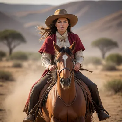 Hyperrealistic 8K masterpiece, skilled Argentine gaucha horse trainer in the vast pampas, beautiful young woman with perfect symmetrical face, highly detailed realistic facial features, sharp intense eyes, fierce focused expression, natural skin texture, athletic build, authentic attire, bombacha trousers, leather boots with iron spurs, wide gaucho hat, cotton shirt, neck scarf, wide guaicá belt, flowing poncho, bronc riding a wild Criollo horse bucking violently -- horse rearing high with arched back, all four legs off ground kicking wildly, mane and tail flying, explosive dust clouds, gripping reins tightly with one hand, other arm raised high, dramatic golden hour lighting with warm tones and long shadows, low dynamic side angle showing full face clearly, ultra-detailed muscles and textures, epic cinematic atmosphere, photorealistic