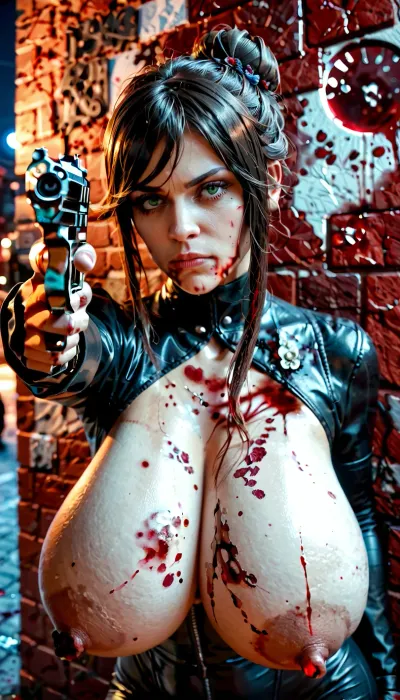 beauty 30 years old very ugly, (huge breasts:1.5), gorgeous large breasts, huge tits, huge hanging breast, rounded ass, perfect green eyes, brunette, tanned skin, tanned, dark skin, long eyelashes, slim bodybuilding woman, highlighted lush wavy black hair in a bun, (((wearing black leather bodysuit))), black gloves, (((a handgun in each hand))), (((pointing))), (((blood stains))), (((blood))), (((bloodstained wall))), (((street at night))), Cinematic still, shot on kodak, 35mm photo, sharp focus, epic, gorgeous, score_9, score_8_up, score_7_up, rating, explicit.