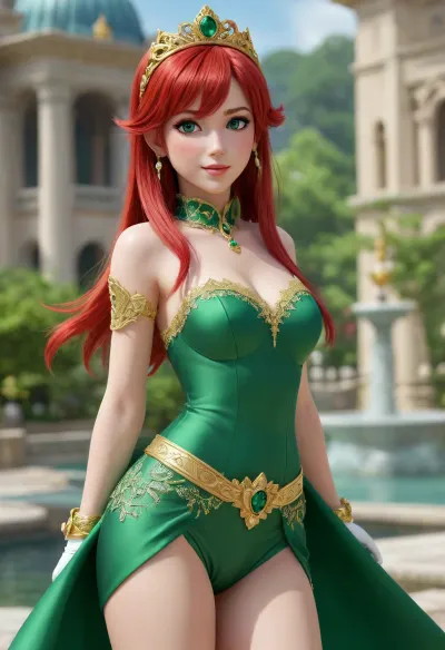 Carrion anímate, caricature, mood princess Pixar by 3d cgi model anime atyle, on her back, legs in the air, (pettite:1.5), (god lots of various princess cgi genshin impac Styles, in the background, A beautiful anime princess from a mobil video game with vibrant red hair and short, straight bangs. She has large, big green eyes, a small nose, and a delicate mouth. She wears an elegant lace rubí/emerald green silk outfit with intricate gold embroidery. On her head she wears a golden royal tiara with a large sparkling ruby in the center. She is strolling through the royal gardens and squares of the kingdom of Abul State, surrounded by marble fountains, exotic flowers and fantastic architecture under caatle, cinematic sunlight. 4k 3D quality, high-end video game concept art style. Lengerie Golden bright Video game concept art, anime style, princess with long red hair and bangs, large emerald green eyes, petite facial features, royal green dress with golden ornaments, golden crown with a central ruby, walking through Abul State kingdom gardens and plazas, lush vegetation, fantasy architecture, soft cinematic lighting, vibrant colors, highly detailed, 8k, masterpiece, magic particles in the air), sinonggo, sinonalo, sinonsolus, dsshino, logo of alchemial story
White girl cartoon CGI, She is lifting her tops, revealing her breasts and nipples, Titty drop, flashing her breasts and then wink at the camera. The scene is at a sunny forest. The video is a computer-generated 3D render and Disney stylized. She is depicted in a cartoonish, anime-inspired style with exaggerated features big expressive green eyes, and vibrant colors. The character has a slender, build. She is wearing a light Golden top., <lora:dssinon_a3b:1.5>, different photos in different parts of the kingdom