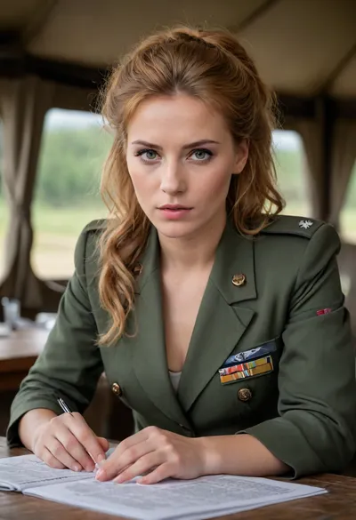 a young sexy german female soldier, she looks stern but sexy, sitting at a table in a military headquarters tent, reading a roadmap, she wears a green military trouser suit for women with a deep neckline, strawberry blonde long hair in an up-do, beautiful green eyes, Beautiful detailed face, (perfect eyes:1.1), (perfect skin:1.1), (perfect body:1.1), (perfect hands:1.1), (perfect finger:1.1), (perfect fingernails:1.1), Photorealistic, RAW, analog, best quality, 8k, HD, DSLR, Fujifilm XT3, film grain, award winning
