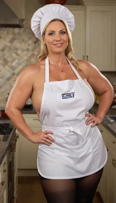 Curvy executive woman, (gigantic breasts, wide hips, thick thighs), Swedish, blonde hair bun, bright blue eyes, 37 years old, (((Set composed of a chef apron and stockings, chef hat))), hourglass figure, long chubby legs, firm thighs, milf body, milf face, wrinkles at eyes, facial age wrinkles, (masterpiece, best quality, realistic, detailed:1.1), slutty, cougar, promiscuous aunty, huge sex drive, slutty smile, high quality, very giant breasts, perfect huge tits, new england, luxury, old money, conservative, hamptons, posh, ivy league, rich, very realistic, best quality, highly detailed, OverallDetail, <lora:milkers_v2:.8>