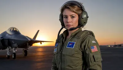 A female elite test pilot of the Chilean Air Force, firm expression, stands confidently on the tarmac before her first solo flight in the F-35C Lightning II under a golden sunset. She wears an F-35 Gen III helmet with HMDS, raised visor, oxygen mask hanging, a sage-green CWU-107/P Nomex flight suit with patches, anti-G suit, survival vest, and harness. Wind caresses her hair. Open cockpit behind her. On the General Ford aircraft carrier, MSR in the background, aerial view from landings looking down. Wide shot of the woman and aircraft with sunset. Cinematic hyperrealism 8k, ultra-sharp details, realistic textures and reflections, aerial view, female pilot full body, F35 fighter jet, aircraft carrier, sunset, day, night