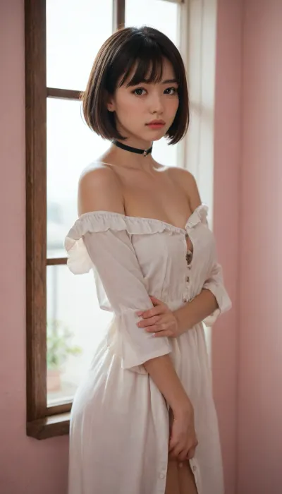 (dramatic lighting), masterpiece, best quality, very aesthetic, light, sfw, pink background, simple background, ethereal, side view, 1girl, cute, beautiful asian woman, black hair, inverted bob cut, bangs, shy expression, unbuttoned white dress, beautiful face, off shoulder, blushed cheeks, o-ring choker, narrow waist, wide hips, shy, timid pose, window, teal_theme
dynamic view, (full body:.7), detailed, front view, absurdres, high detail, amazing quality, newest, RTX, ambient occlusion, ultra-detailed, very awa, intricate detail, highly detailed, soft natural lighting, bloom, flat colors. Bold line art, Smo0thL1nes
