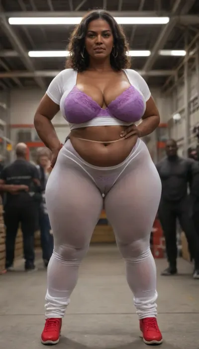 POV Big Cock, ((Mature MILF:1.4)), ((Realistic)), (8k Realistic), 8k High Quality, (Incredibly Detailed), Intricate Masterpiece, (Highly Detailed Skin), (Best Quality RAW Footage), (Highly Detailed RAW Color Footage), 8k UHD High Resolution, (Complex Lighting), realistic, awardwinning, 128K UHD, pi, fBm, sharp focus, (), (1 African American Woman Stands Out Among Men In Warehouse:1.4), Slut, (Realistic Face), (Ultimate Realism), High Detail, Elegant, (25 Year Old White Man:1.4), Beautiful And Sexy Dark-Skinned African American Woman, (Black Skin), (((55 Year Old))), ((Black Skin:1.5)), (ultra black skin girl:1.9), Full Lips, Big Lips, Dark Purple Lips, (((Dark Purple Lips))), Perfect Curvy Body, (Mature Woman:1.8), (Grandma:1.1), Beautiful And Sexy, (Dark-Skinned Woman, (Dark skin:1.5)), ((Long curly black hair)), (BBW:1.8), Fat, Chubby Body, Thick, curvy, big hips, (big hips:1.2), very wide hips, saggy and full C-cup breasts, (flat stomach), thin waist, ((big and thick thighs)), ((saggy and full C-cup breasts:.8)), ((big butt:1.5)), (bulging cameltoe:1.3), detailed face, extremely transparent cloths, Wearing extremely transparent cloths, extremely see through white shirt revealing a purple bra, Wearing extremely see through white Seamless pants trousers revealing a Light Purple big satin full coverage high waist full brief panties, (pantylines), (Stand up straight, legs slightly apart), pantylines, epicpanty, hyperass, ass, (Pantylines:1.4), Wear red shoes, ((looking at the audience)), looking at the audience, (eyes open:1.4), (big eyes:1.5), caught in a compromised position, caught in the act, (Very angry:1.5), ((looking at the camera:1.5)), (Look at the audience:1.5), excited, aroused, tack sharp, 4k, woman, warehouse background with shelves, ((view from front)), (full body view:1.5), <lora:melanin-XL:2>
