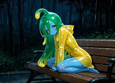 Suu, (Monster Musume), slime woman in rain coat. Petite, short, skinny, blue slime monster girl, green slime hair, yellow rain coat, transparent body.

Rainy city park, sitting on park bench, dark lighting, moody lighting.
