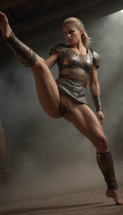 In a dramatic and historically inspired setting, (full body front view from below:1.4), of a sexy Nordic warrior woman with perfect anatomy, aged 25, (executes a flawless head kick:1.4), (with perfect form and posture:1.5), reminiscent of a master martial artist. She stands in a powerful, dynamic pose, (her leg extended high in the kick:1.3), her upper body bent forward in a fighting stance, In one hand, (she grips a dagger:1.1), ready to continue the fight after the kick. Her attire includes intricate Celtic armor with detailed engravings, and a flowing short wool tunic that lifts with the movement, exposes, (perfect pussy:1.6), The scene is well illuminated by bright sunlight, while darker, dramatic clouds loom in the sky, adding intensity. Every detail is captured in high resolution, the texture of her skin, the sheen of sweat, the movement of her hair, and the fabric of her tunic. A hint of smoke in the air and the overall atmosphere reflect the life-and-death stakes of the battle, (ziprealism:.3), ultra-sharp details, realistic skin texture, refined contrast, 8k detail, authentic facial expression, clean composition, (maximum photo quality:1.4), (maximum resolution:1.5), <lora:Brazilian_Perfect_Pussy_SDXL-000008:.8>, <lora:Italian_girl:.8>