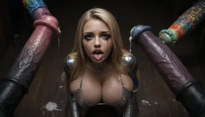 score_9_up, score_8_up, extremely detailed face, uhd 8k, masterpiece, (3 women in a row), (extreme begging and crying, smeared makeup:1.2), (bukkake, surrounded by cocks), (extreme robotic metallic penis girth:1), (cum glazed sluts chained to the wall and ground during bukkake), (Super slutty Lucy from Fairy Tail:1.3), glowing robotic cock rings, ejaculating, (leaning forward for excited facial), (hyper thick gigantic robotic equine cock, rainbow colored metallic robot cock:1.4), freckles, sexy blonde hair, view from above, pushing her breasts up, perfect hourglass body, super detailed big round breasts, wearing a sexy fishnet bikini, frilly stockings, kneeling, looking up at the viewer with rolling eyes, (hyper extreme breast enhancement), fuckable, submissive, long hair, blonde slut, breast expansion, (fake breasts:1), small erect nipples, full visible breasts, hourglass figure, tight button vest with a blue and white pleated miniskirt and sexy leather boots, cleavage to the navel, heavy makeup, sweaty skin, beautiful face, gorgeous, bimbo, horny, whore, slut, close up, top down view, squeezed underboob, begging, after bukkake, excessive cumshot, cum everywhere, cum on face, cum leak from nose and mouth, cum covered tits, cum on hair, (young:1), hyper massive fake pornstar Breasts, gigantic push up breasts, slave collar, tongue, out, ahegao, drool, <lora:bombshell_v2:1>, <lora:dark:.4>, <lora:RMSDXL_Enhance:1.1>, <lora:attractive_notrigger:1.3>, <lora:ahegao_sdxl_v4:1.5>