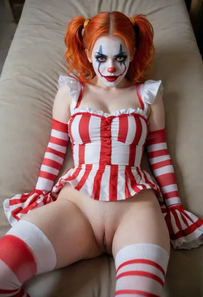 young beautiful girl 18 years old clown girl with big breasts, wearing a pulled-up dress without any underwear, laying on her back with spread legs, no panties, long striped socks, clown makeup, skinny, white face paint, detailed vagina, looking at the viewer, back long high twin multi-colored ponytails, excited, aroused, tack sharp, 4k, dslr