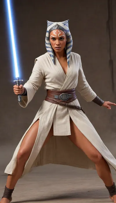 In a dramatic and >Star Wars inspired setting, (full body front view from below:1.4), of a sexy Ahsoka Tano with perfect anatomy, aged 25, perfect hands, perfect feet, (executes a flawless head kick:1.4), (with perfect form and posture:1.5), reminiscent of a master martial artist. She stands in a powerful, dynamic pose, (her leg extended high in the kick:1.3), her upper body bent forward in a fighting stance, In one hand, (she grips a light saber:1.1), ready to continue the fight after the kick, (Her attire includes the traditional robe of Jedi made of finely woven cotton fabric:1.5), layered and flowing with natural folds. The toga is simple yet elegant, in muted earth tones, designed for freedom of movement. A wide brown leather belt wraps around the waist, worn and practical, holding the robe in places, and a flowing short wool tunic that lifts with the movement, exposes a well lit, (perfect pussy:1.6), The scene is well illuminated by bright sunlight, adding intensity. Every detail is captured in high resolution, the texture of her skin, the sheen of sweat, the movement of her hair, and the fabric of her tunic. A hint of smoke in the air and the overall atmosphere reflect the life-and-death stakes of the battle, ultra-sharp details, realistic skin texture, refined contrast, 8k detail, authentic facial expression, clean composition, (maximum photo quality:1.4), (maximum resolution:1.5), Ahsoka, Tano, ahsoka, tano, Tie, fighter, Endless_Up_SDXL_Neg, <lora:Ahsoka_Tano_XL:.9>, <lora:Tie_fighter - XL:1.6>