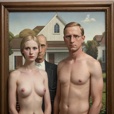 American Gothic by Grant Wood painting, (topless:1.6), (painting in the picture frame), best quality, masterpiece