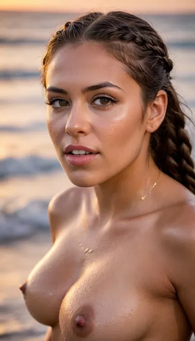 Realistic, Professional photographer James Macari, High Speed Shot, Sony Alpha 7R V Full-Frame Mirrorless Interchangeable Lens Camera, FE 600 mm F4 GM OSS Full-frame Super-telephoto Prime G Master Lens with Optical Steady Shot, polarizing filter, The Selens Triangle Reflector, Silver, INTRICATE, ATTRACTIVE, FEMALE, Girl, Dark Braided Hair, 27-year-old, Sexy Latina college girl with tanned skin, large breasts, light brown eyes, 1girl, 5'6", approximately 135 lbs, and has a Fit athletic body, (large bust, 26" waist, 36" hips), Swimsuit model, Sunset Hawaii Beach, WET Pink bikini, Huge Ocean Waves slamming into her wet body, Sitting down in the ocean at the beach, back arched, looking at the camera, WET skin, (skin pores, veins, moles, freckles:.5), (absurdres), (Masterpiece), (high quality), (Realistic), (RAW analog-style), (Full-Color Positive Film), (intricate details:1.2), (film grain:1.2), (vibrant colors:1.2), (bokeh:1.3), (realistic), (very feminine features), (intricately detailed body), (high detailed skin), (skin pores), (imperfect skin), (real skin texture), exotic latina face, beautiful face, sexy face, happy, provocative, WET dark fantasy princess braids, waist portrait shot, (sunset, golden lighting:1.4), perfect hand, perfect fingers