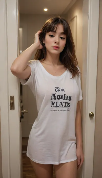 Masterpiece, Real, Realistic, Realism, REIQ, 8kHD, DSLR, Best photography, Night, Dark, (low-light), dim, worst-light, blur, oof, backlight. solo European Girl, Chinese, sleepy girl, open door, standing by the doorway, dark corridor, messey hair, (hand in hair), touching her head, (Detail face), pretty girl, adorable face, (NEW face), (just wake up vibe), long bangs, long fringes, frills, untidy hair, large t-shirt, V-neck t-shirt, shirtpull, translucent, body silohette, (one shoulder), expose cleavage, (large_breasts), thighhigh, Action, opening door. Half open eyes, no makeup, (Perfect body anatomy)