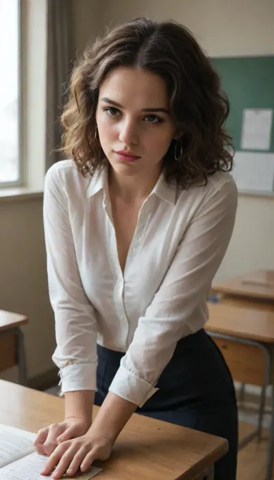 "A student in detention, alone with the teacher in a dimly lit classroom, the teacher leaning over the desk, their faces close, capturing the tension and anticipation of their forbidden connection."