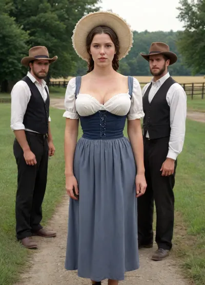 Half-naked Amish busty woman, traditional Amish dress with bonnet, long skirt, unbuttoned corsette, fully exposed naked breasts, topless, no bra, strong legs, fucked hard by a group of Amish men, orgy, gangbang, farm outdoor, hyperrealistic