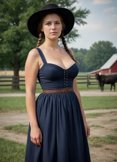Half-naked Amish busty woman, traditional amish dress, farm outdoor, hyperrealistic