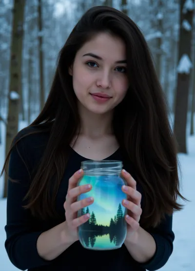 (masterpiece), (high resolution), realistic photo, natural lighting, detailed skin, beautiful girl, upper body, (smiling:1.1), (beautiful:1.2), very detailed face and eyes, beautiful eyes, long dark hair, holding both hands, (glass jar:1.3), in which caught, (northern lights:1.4), Inside the jar {forest lake, fir trees, reflection in the water and northern lights above them}, Winter forest in the background, snow covered trees, cold atmosphere, forest blurred. Blurred background, bokeh, ultra realism, (focus on face)