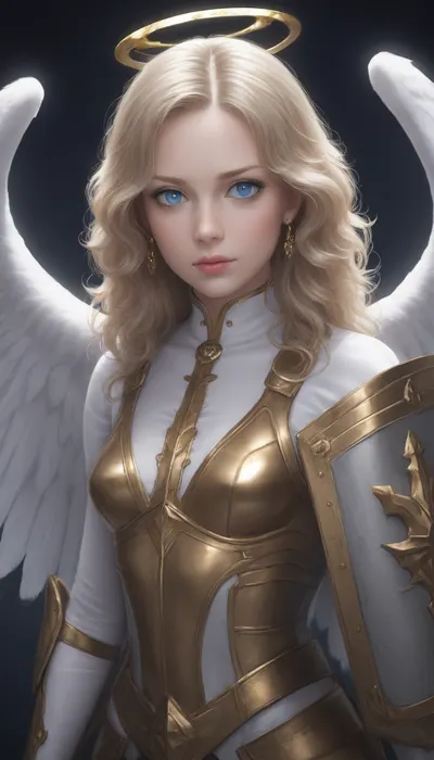 photorealistic, high resolution, professional photography, solo, 1girl, an Angel in a heavenly city, the angel has big wings, the angel wears armor, the armor is white with gold decorations, the angel has curly hair, the haircolour is bright blonde, the angel holds a sword in her right hand, the angel holds a shield in her left hand that radiates a light rainbow, the angel has a perfect face, she has bright blue eyes, the angels facial expression is stern