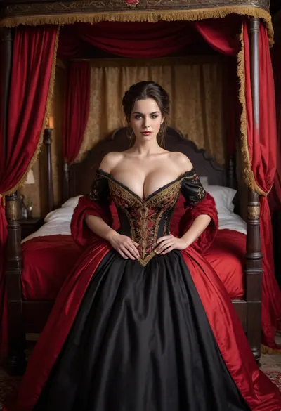 Confident smirking 30 year old, luxurious red silk bedsheets, dark gloomy haunted castle bedroom, nighttime, candlelit, (victorian era noblewoman in black ballgown dress with red and gold embroidery, standing in front of bed), medieval era mansion bedroom, ((wooden canopy bed with red and golden accents bed curtains)), pitch black hair in a hair bun, arms crossed under breasts, many many pillows, embroidered ball gown, hourglass ballgown, wasp waist, white fur shawl, (Hyper breasts, top heavy, overflowing breasts, skin indentation), large, breasts, big, boobs, huge, tits, <lora:bombshell_v2:1.2>
