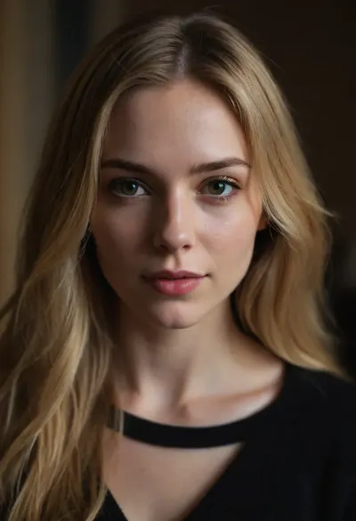 instagram photo, closeup face photo of A young, fair-skinned woman, likely in her late 20s or early 30s with blonde long hair parted to the sides in black sweater, cleavage, pale skin, (smile:.4), middle shadows