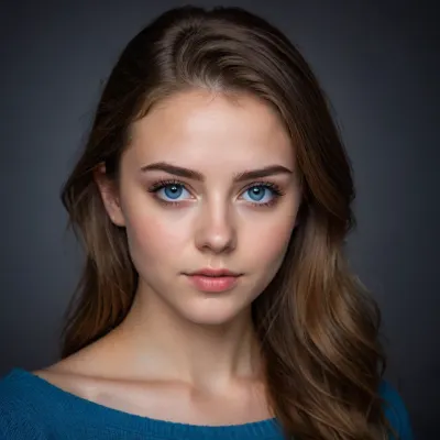 RAW photo, portrait, professional, simple background, gorgeous sexy 18 year old girl, brown hair, blue eyes, dark eyebrows, 8k uhd, dslr, soft lighting, high quality, film grain, Fujifilm XT3