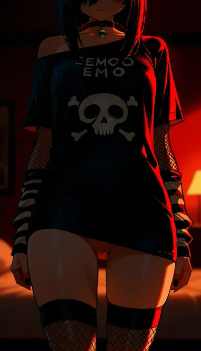 sk_anime, (score_9, score_8_up, score_7_up), 1girl, 24yo, black hair, bold eyeliner, dark eyeshadow, (emo esthetic, emo woman, emo model:1.4), (nihilism, nihilistic expression, genx), (fashion model body), (oversized mesh t-shirt, off shoulder), no panties, thigh high socks, exposed pussy, lower body focus, bedroom, on bed, dark colors, dark background, dynamic pose, standing, erect nipples, fishnet shirt, (night, dark, shadows, overexposed), high detailed, very detailed, sharp color, dark lighting, 8k, high detailed texture, depth of field, (dramatic lighting), best quality, very aesthetic, ultra-HD, cinematic lighting, soft reflections, amazing composition, Stable-Yogis-Makeup-Enhancer-XL
