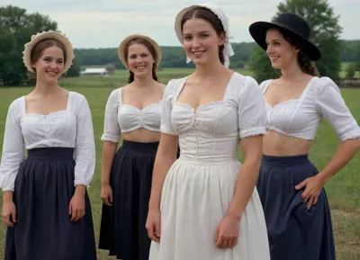 Group of half-naked beautiful Amish busty women, 30 years old, traditional Amish dress with bonnet, long skirt, unbuttoned corsette, open white blouse, fully exposed naked breasts, topless, no bra, strong legs, smiling, farm outdoor, hyperrealistic