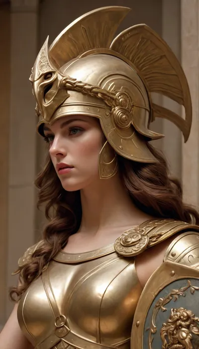 Athena. The Greek goddess of war. A Corinthian helmet with a high crest, a shield covered with goatskin, a shield decorated with the head of the Gorgon Medusa, a spear, J.C., Leyendecker, Style, page, <lora:J.C. Leyendecker Style:.8>