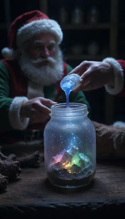 Wide angle, Seal the nothern Lights in a jar, the jar is glowing, Santa Claus puts the nothern Lights in the jar in his hand, <lora:Glowing_Nature:.8>, <lora:dark:.8>