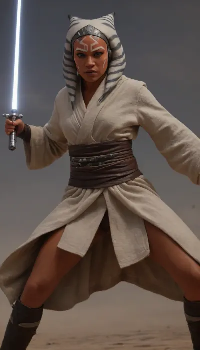 In a dramatic and >Star Wars inspired setting, (full body front view from below:1.4), of a sexy Ahsoka Tano with perfect anatomy, aged 25, (executes a flawless head kick:1.4), (with perfect form and posture:1.5), reminiscent of a master martial artist. She stands in a powerful, dynamic pose, (her leg extended high in the kick:1.3), her upper body bent forward in a fighting stance, In one hand, (she grips a light saber:1.1), ready to continue the fight after the kick, (Her attire includes the traditional robe of Jedi made of finely woven cotton fabric:1.5), layered and flowing with natural folds. The toga is simple yet elegant, in muted earth tones, designed for freedom of movement. A wide brown leather belt wraps around the waist, worn and practical, holding the robe in places, and a flowing short wool tunic that lifts with the movement, exposes a well lit, (perfect pussy:1.6), The scene is well illuminated by bright sunlight, while darker, dramatic clouds loom in the sky, adding intensity. Every detail is captured in high resolution, the texture of her skin, the sheen of sweat, the movement of her hair, and the fabric of her tunic. A hint of smoke in the air and the overall atmosphere reflect the life-and-death stakes of the battle, ultra-sharp details, realistic skin texture, refined contrast, 8k detail, authentic facial expression, clean composition, (maximum photo quality:1.4), (maximum resolution:1.5), Ahsoka, Tano, ahsoka, tano, <lora:Ahsoka_Tano_XL:.9>