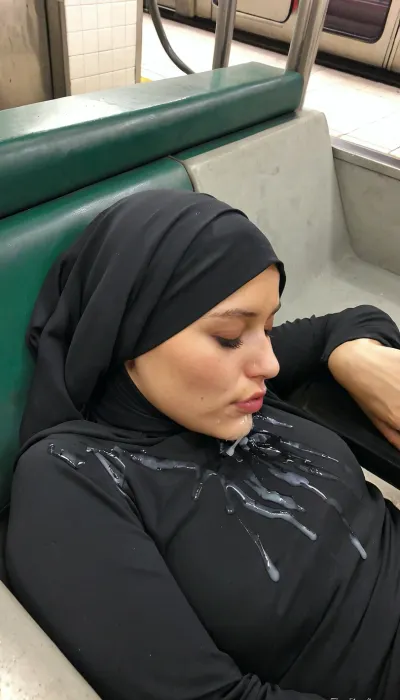 Girl sleeping in subway, wearing a burka, facial cumshot, cum on lips