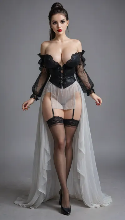 ((fit)), (pale skin), (Looking at the camera), (20cm high stiletto heels), (long hair:1.3), (long leg), (black garter), (Stockings), (SHOW huge breasts), (4k), <lora:nylons:.8>, <lora:2BoutOvalSDXL2-000002:.8>, <lora:sokate:.5>, squalor, damp, ultra realistic dark gothic fantasy, sharp focus, extreme detail, 8K, UHD, Gothic, Glam, (((Dominatrix))), Seductress, Explicit, full view, 35yo dark gothic seductress, extreme elegance, dominant glamorous presence, pronounced hourglass figure, extreme waist cinch, wide hips, very long legs emphasized, confident sensual stance, facing forward, dark gothic fantasy couture gown, NOT bridal, NOT wedding dress, NOT bride, off shoulder sweetheart neckline, very deep plunging neckline, structured corset bodice, visible boning, extreme sculpting emphasizing cleavage, curves, and waist, dark silver gown, metallic silver and graphite tones, cold silver palette, sheer ultra light translucent chiffon and tulle, airy see through layers revealing legs and full body silhouette, fabric is weightless, ethereal, drifting as if suspended in air, flowing independently of the body, latex illusion sheen on bodice and panels, high gloss reflective surface, liquid light reflections, mirror highlights contrasting with soft fabric, ultra high slit illusion created by transparency and fabric separation, sheer layers, ornate dark silver gothic embroidery, baroque floral vine patterns, luxury fantasy detailing, silver sparkles and cold luminous highlights embedded in fabric, long floating sheer sleeves, detached draped sleeves, ultra light translucent fabric billowing outward, high heels clearly visible through transparent skirt, HAIR IS A SLEEK HIGH PONYTAIL UPDO, hair pulled tightly upward, smooth polished crown, NO loose hair, NO waves, NO curls, NO hair down, high ponytail secured at the crown, long straight tail down the back, glossy smooth texture, sharp clean hairline, bangs framing the face, sleek high ponytail updo, pulled tight, smooth crown, straight tail, extreme editorial glam makeup, sharp sculpted brows, intense smoky eyes with deep plum and black gradient, dramatic cut crease, thick sharp winged eyeliner, ultra long false lashes, strong metallic cheek highlight with glassy reflective sheen, heavy contour, razor sharp cheekbones, blood red lips, flawless porcelain skin, moody gothic atmosphere, low key cinematic lighting emphasizing shine, transparency, latex sheen, floating fabric, <lora:milkers_v2:.8>
