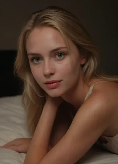 Full-body of a 25-year-old girl, bags and wrinkles are visible, (grainy skin:2), (Dim light), (blond hair with a side parting:1.7), blue eyes, subtle eyeliner and a natural lipstick, casual and relaxed pose, realistic style, (girl has a slim figure), natural look, (simple and elegant), woman's hair is slightly wavy, woman has a confident expression, relaxed mood, (subtle makeup), subtle smile. woman laying on stomach, <lora:woman_laying_on_stomach_xl_lora_reg-000027:1.2>