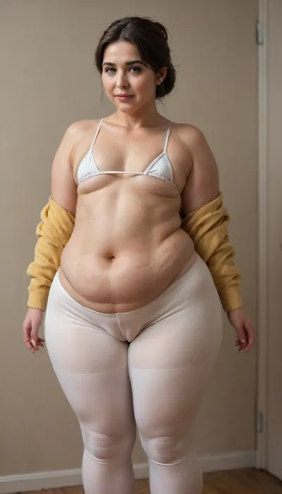 A woman of full figure, (obese:1.1), well dressed, yellow cardigan, leggings, fashionable hairstyle and makeup., (Vertical hairline from pubic area to navel:1.2), ((white bra)), ((women's leggings:1.4)), ((mature woman of 60 years old with folds of fat and cellulite:1.2)), (((flatchested:1.4))), ., ((((localized abdominal fat:1.2)))), cameltoe, microbikini, <lora:microbikini_sdxl_1:.8>, heart_areola, <lora:Heart_Areola_Nipple_SDXL:.8>