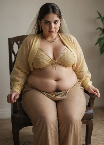 (((1 woman))), (hairy genitals:1.4), ((((male genitalia)))), to a woman sitting in a chair. The woman is plump, (obese:1.1), well-dressed, yellow cardigan, leggings and has a fashionable hairstyle and makeup., Arabian, Belly, dancer, outfit, Cropped, top, Transparent, Veil, Face, Loin, Cloth, Skirt, Pants, <lora:Anime_Arabic_Belly_Dancer_Style:.8>