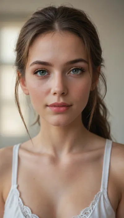 Extreme close-up portrait of a beautiful young woman in her early 30s named Judith, medium-length dark brown hair in a ponytail parted slightly to the side with a few loose strands framing her face, soft feminine facial features with high cheekbones, full natural lips curved in a genuine happy satisfied smile, expressive dark eyes with a knowing warm gaze looking directly at the camera with post-pleasure glow, light subtle makeup enhancing femininity slightly tousled and natural, smooth fair skin with a natural radiant glow and slight softened beard shadow as subtle shading on chin.

No semen or mess on face, clean and fresh post-intimate bliss expression, eyes sparkling with contentment and subtle mischief.

Soft warm indoor lighting or golden hour feel, blurred neutral background, highly detailed realistic photography style, sharp focus on face and eyes, intricate skin texture and subtle details, intimate serene atmosphere.
