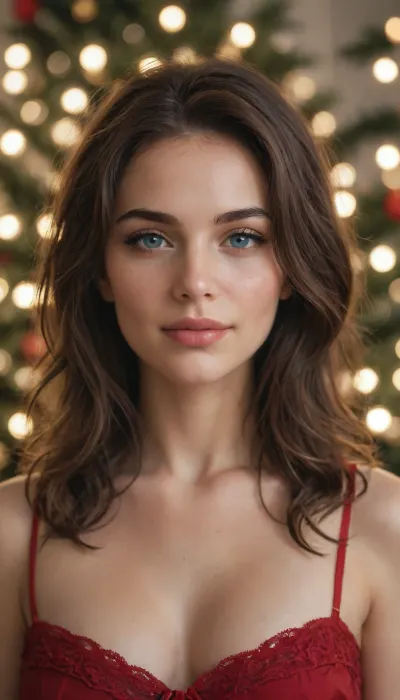 Extreme close-up portrait of a beautiful young woman named Vanessa with shoulder-length wavy brown hair softly framing her face, light blue eyes sparkling with joy, soft natural makeup, delicate feminine features, and a bright genuine warm smile looking directly at the viewer with playful teasing energy. Subtle festive Christmas atmosphere in the blurred background with hints of warm fairy lights and a decorated tree bokeh. Soft natural daylight illuminating her skin, high detail on facial features, eyes, lips, and expression, realistic photography style, professional beauty shoot, sharp focus on face, shallow depth of field, 8k resolution