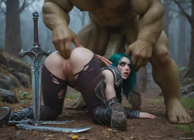 (Night elf from world of warcraft), (slim physique), (green hair, teal highlights), (straight tall hair), (closed mouth), extreme makeup, cry, tears, (arched brow), (tight pants), ((ripped clothes)), (hunters armor), (anal sex), fully erect orc penis, (fantasy sword standing aside), (gantasy axe standing aside), (green orc male), kneeling, leaning over stump, forced, head down ass up, (swollen lips), (swollen anus)