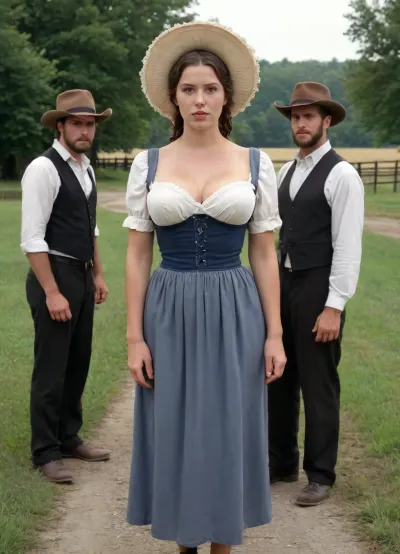 Half-naked Amish busty woman, traditional Amish dress with bonnet, long skirt, unbuttoned corsette, fully exposed naked breasts, topless, no bra, strong legs, fucked hard by a group of Amish men, orgy, gangbang, farm outdoor, hyperrealistic