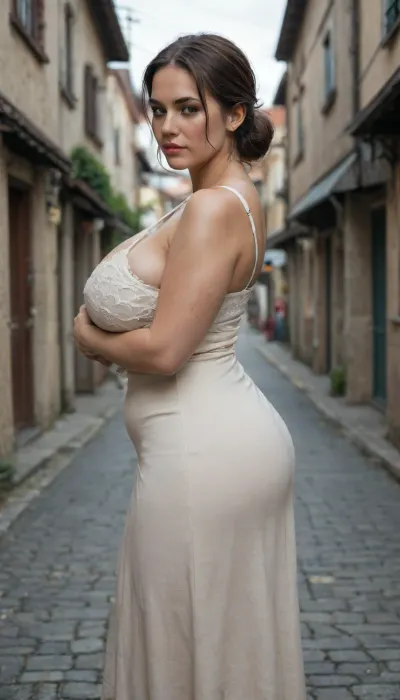 village milkmaid
white
tatar village style, fantastic maximum bust size, seductive, flirting, huge wide pelvis, wide hips, big huge girl in full height, side view, huge macromastia