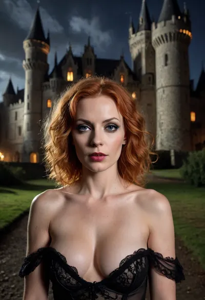 (((Anneke Van Giersbergen face))), strong make-up, pornography attitude, prostitute style, topless, gothic castle by night background, plunging neckline, DonMV31l0fD4rkn355XL, <lora:DonMV31l0fD4rkn355XL:1.1>