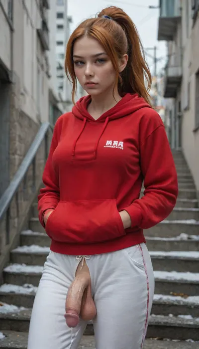 masterpiece, best quality, 1girl, solo, kmazm, orange hair, ponytail, long hair, hair between eyes, purple eyes, big breasts, red hoodie, white pants, sweatpants, hands in pockets, T, pout, v-shaped eyebrows, blush, cold, winter, stairs, city, grey sky, futanari, mastrubation, erect penis, hard penis, sagging testicles, veiny cock, leaking precum, tilt to the side, throbbing cock