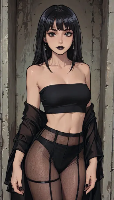 ((Melkor mancin meet markgavatino style)), reiq style, masterpiece, (1woman, 8k resolution, ultra-detailed), (dark skin:1.5), goth makeup, black lipstick, ((very long black hair, fringe)), black tube top, black pantyhose, black fishnet, ratatatat74, <lora:ratatatat74-000050:1.3>, <lora:LCMTurboMix_Euler_A_fix:1.1>, <lora:mk_Bp Anime_xl:1.2>, <lora:焦茶_XL:2>, <lora:AshMilkshake_Illustrious_v1:1.6>