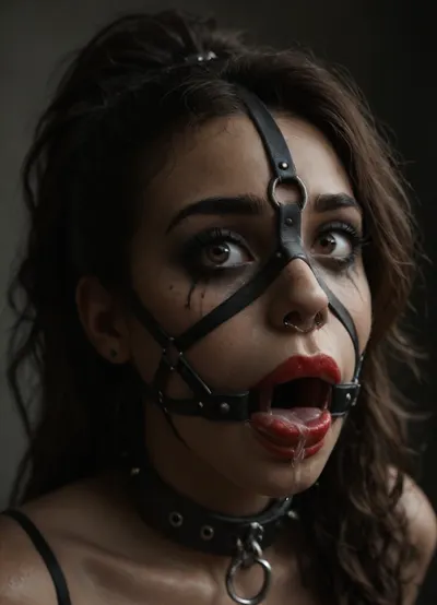 ((30 years old, Tipical italian girl, fit body, fake booobs, perfect cute face, scared, crying, curly very long brown hair in ponytail, brown eyes, light freckles, bimpo lips, skin pores, smooth skin, round ass, hips gap, oiled body)), ((heavy goth makeup, eyeshadow, eyeliner, mascara, red lipstick)), (slave collar), ((nose ring piercing, septum piercing:1.5)), (wearing a black thong), ((face harness gagged mouth:1.5)), ((drooling saliva from mouth, lot of saliva)), in a country apartment, harnessgag, <lora:add-detail-xl:1.3>, <lora:detailed_notrigger:1.2>, <lora:dark:.8>, <lora:harnessgag_xl-000003:1.3>