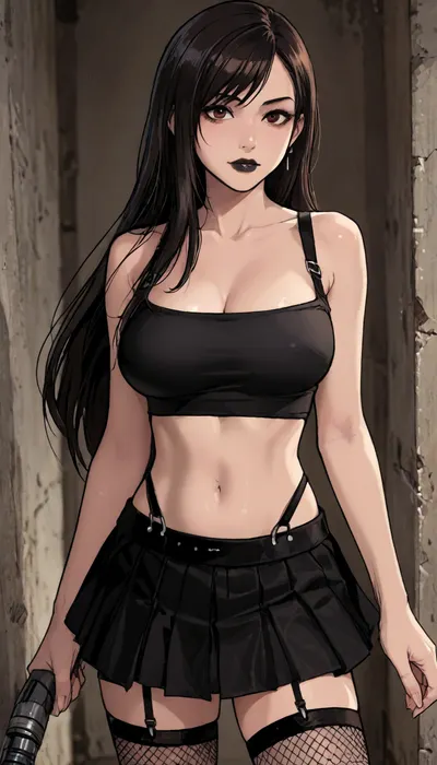((Melkor mancin meet markgavatino style)), reiq style, masterpiece, (1woman, 8k resolution, ultra-detailed), (dark skin:1.5), goth makeup, black lipstick, ((very long black hair, fringe)), black tube top, large breasts exposed, black pleated mini skirt, up skirt, black fishnet, garter belt, ratatatat74, <lora:ratatatat74-000050:1.3>, <lora:LCMTurboMix_Euler_A_fix:1.1>, <lora:mk_Bp Anime_xl:1.2>, <lora:焦茶_XL:2>, Tifa, Lockhart, <lora:Tifa-Lockhart-Pony:.8>