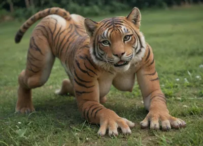 Small furry tiger female, on all fours, anthro body, perfect round breasts, huge nipples, full body furr, detailed furr, furry hands, furry paws, in the high grass, highly expressive face, looking at viewer, looking hopefuly, smiling, cute face, close up, upper front point of view, nude, high resolution, detailed, realistic