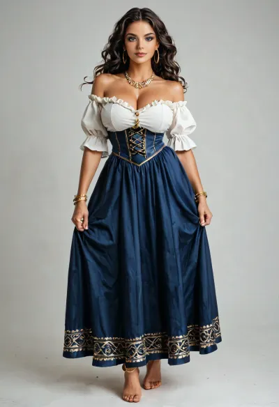(Esmeralda from The Hunchback of Notre Dame), (large round breasts), (white, off-the-shoulder peasant blouse), (short and loose sleeves), (fitted corset-style bodice in teal blue with thin vertical gold lines), (deep purple, ankle-long and flowing layered skirt with white underskirt with a scalloped edge), (purple wrap around her waist with gold coin-like ornaments), (large gold hoop earrings), (gold bangles), (gold anklet around right ankle), (barefoot), France, (eye contact:1.2), (looking at viewer:1.2), (full body shot:1.3), (front view:1.4), most beautiful light-green eyes, perfect female face, gypsy female, beautiful female model, horny expression, beautiful, gorgeous, seductive eyes, perfect ass, (perfectly shaped breasts), (dynamic pose:1.3), warm colours, ((textured skin)), 4k epic detail, shot on kodak, 35mm photo, sharp focus, cinemascope, epic, score_9, score_8_up, score_7_up, rating, explicit, best quality, ultra-detailed, masterpiece, finely detail, highres, 8k wallpaper, intricate, highly detailed, insanely detailed, best lighting, perfect illumination, (best illumination), (best shadow, best shadows), full scene picture, full-length photo, ((ultra-detailed)), (intricate details:.6), professional photography, photo-realism, award winning photography, dslr, hyperrealistic, 35 mm, (Fujifilm XT3, analog style, professional DSLR photo, film grain:.8), 8k high definition, Great Composition, highly complex, (intricate detail:1.2)