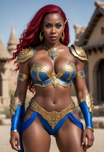 Dark skinned elf woman, massive woman, extremely muscular woman, female elf warrior, massive breasts, massive hips, hourglass figure, extreme muscle definition, extreme muscle striation, long flowing deep red hair in a voluminous updo, pointed elf ears, confident expression, blue lipstick, blue eyeshadow, gold circlet, elaborate bikini armor with intricate flower motif in red blue and gold, exposed midriff, extremely defined abs, extremely defined arms, extremely defined legs, dessert setting, village in the background, fantasy setting