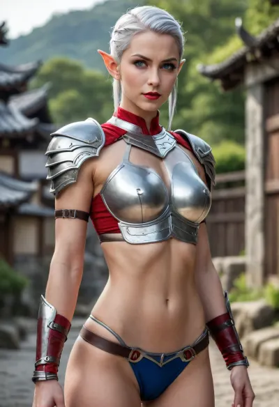 Female warrior, elf woman, short spiky light gray hair slicked back, pointed elf ears, striking blue eyes, red lipstick, determined expression, bikini armor top, muscular abdomen, well-defined abs, muscular arms, muscle definition, athletic build, silver choker with a faint eye symbol, silver arm bracers, simple village in the background, Japanese aesthetic, fantasy setting