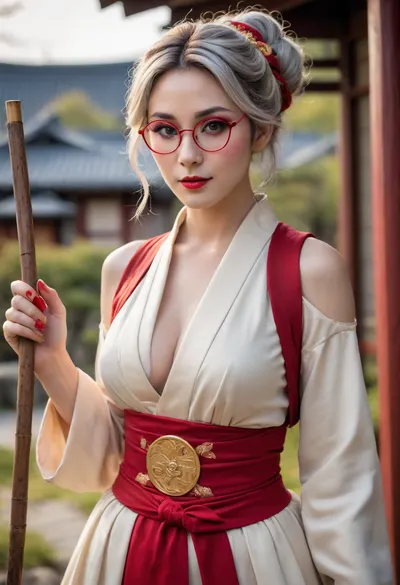 Elf woman, pointed elf ears, playful/confident expression, winking, adjusting large round thick red rimmed glasses, red eyes, red eyeshadow, light gray wavy hair in a messy bun, traditional-inspired clothing with modern fantasy elements, sleeveless cream-colored top with gold accents red and gold trim and a deep neckline, loose, long-sleeved cream-colored jacket with red accents, prominent chest, red sash with gold details around her waist, long dark blue loincloth, dark blue gloves, holding a long and thin traditional Japanese wooden/golden smoking stick with a decorative design, confident/charming pose, curvy figure, large breasts, large hips, thin waist, simple village in the background, Japanese aesthetic, fantasy setting